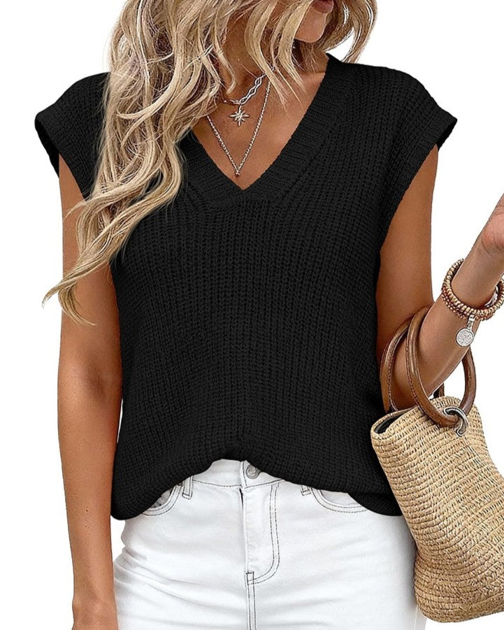 Textured Knit Drop Shoulder Top With V Neckline - Black