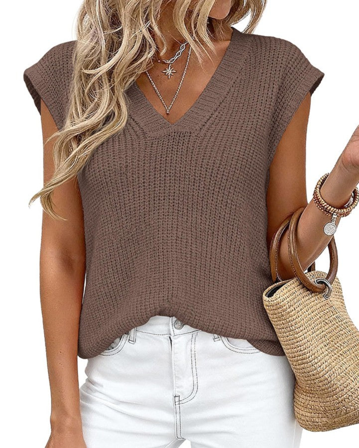 Textured Knit Drop Shoulder Top With V Neckline - Coffee
