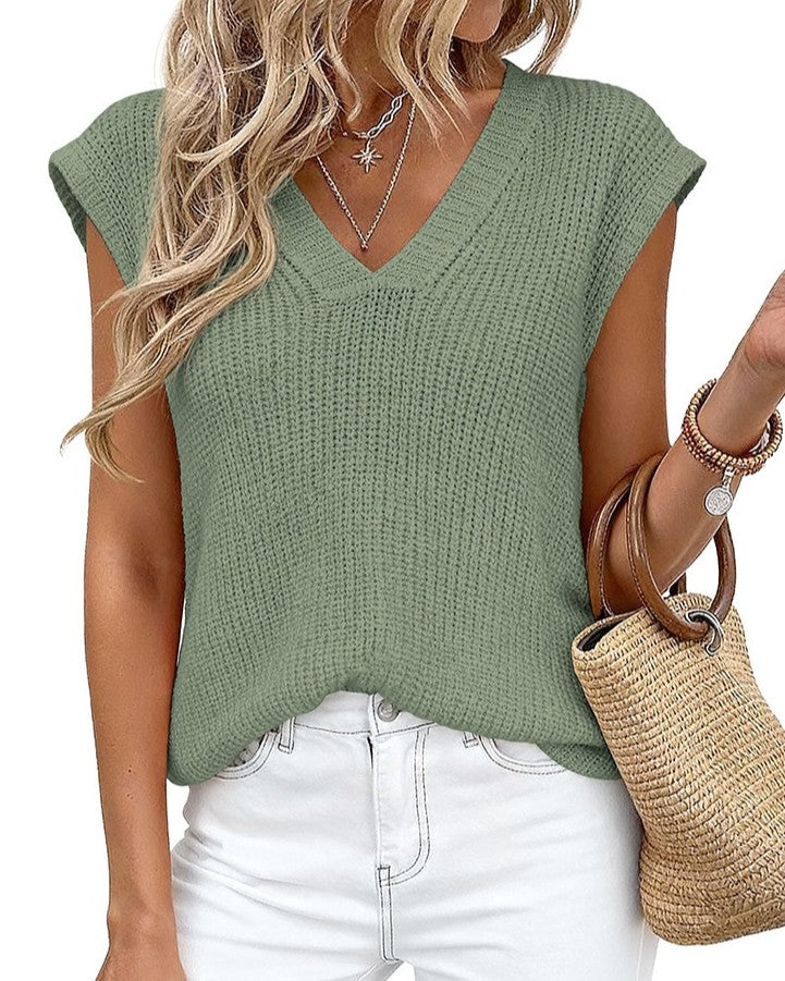 Textured Knit Drop Shoulder Top With V Neckline - Green