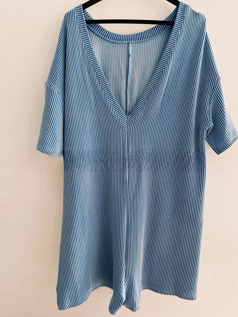 Back V Neck Terry Short Sleeve Jumpsuit - Blue - 1