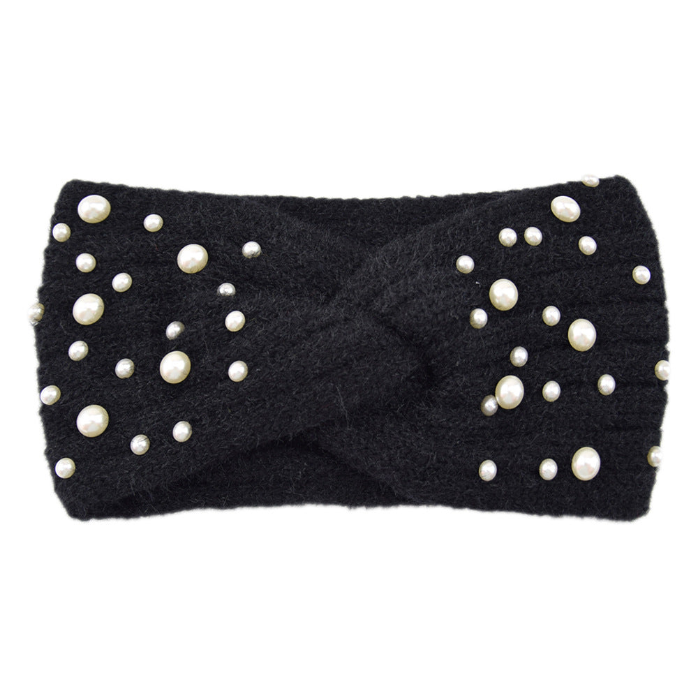 Pearl Embellished Twist Knot Knit Headband - Black