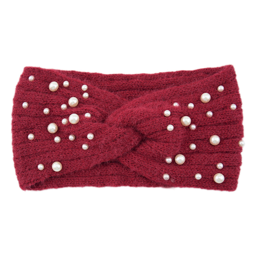 Pearl Embellished Twist Knot Knit Headband - Red