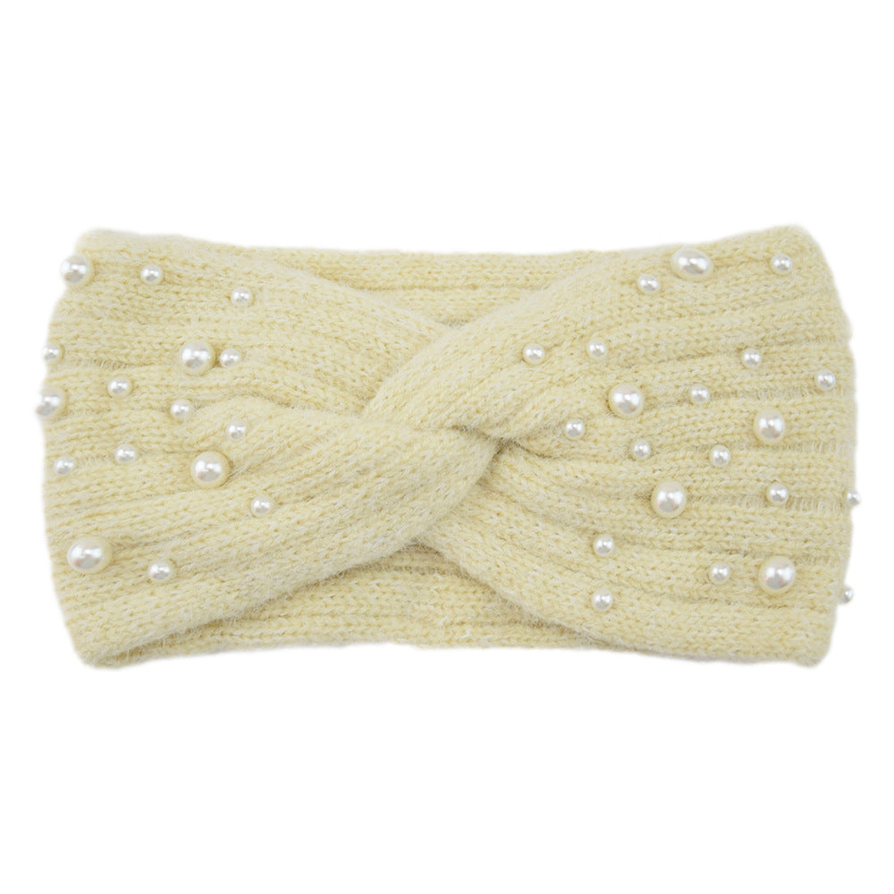Pearl Embellished Twist Knot Knit Headband - cream