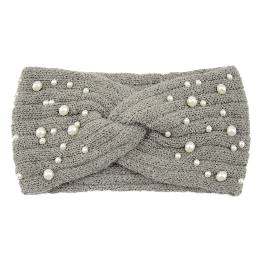 Pearl Embellished Twist Knot Knit Headband - lightgray