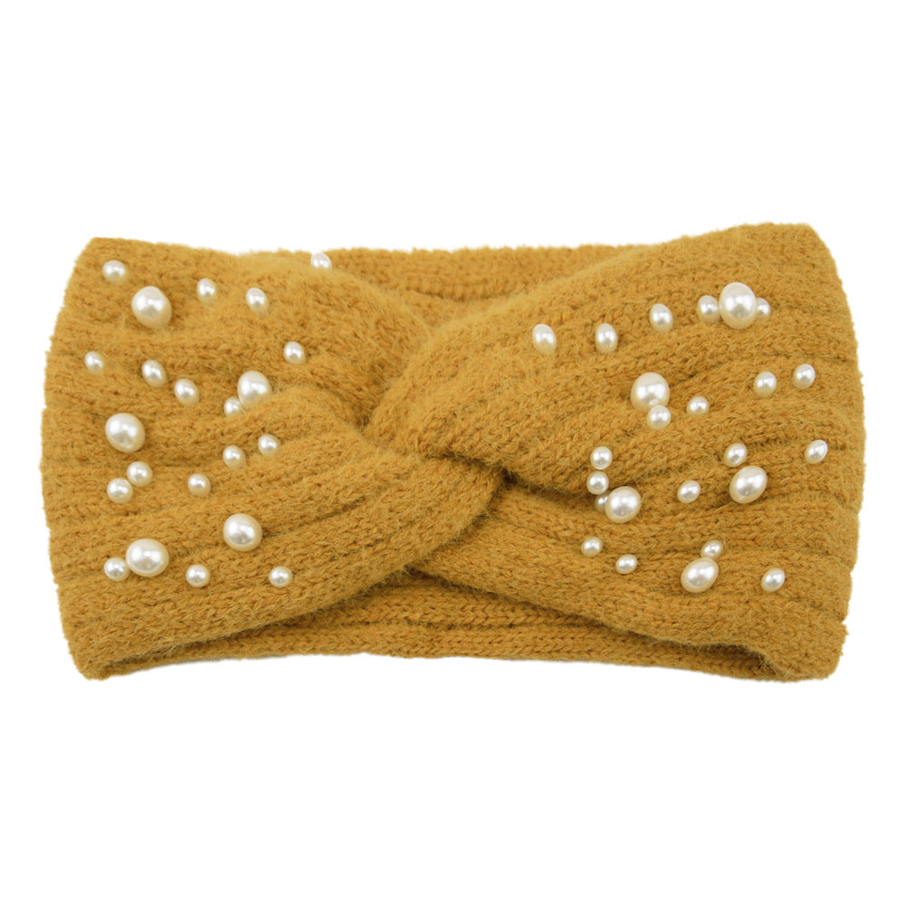 Pearl Embellished Twist Knot Knit Headband - mustard