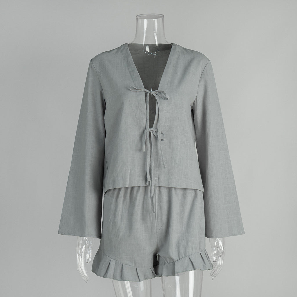 Tie Front Top And Ruffle Shorts Set - Grey