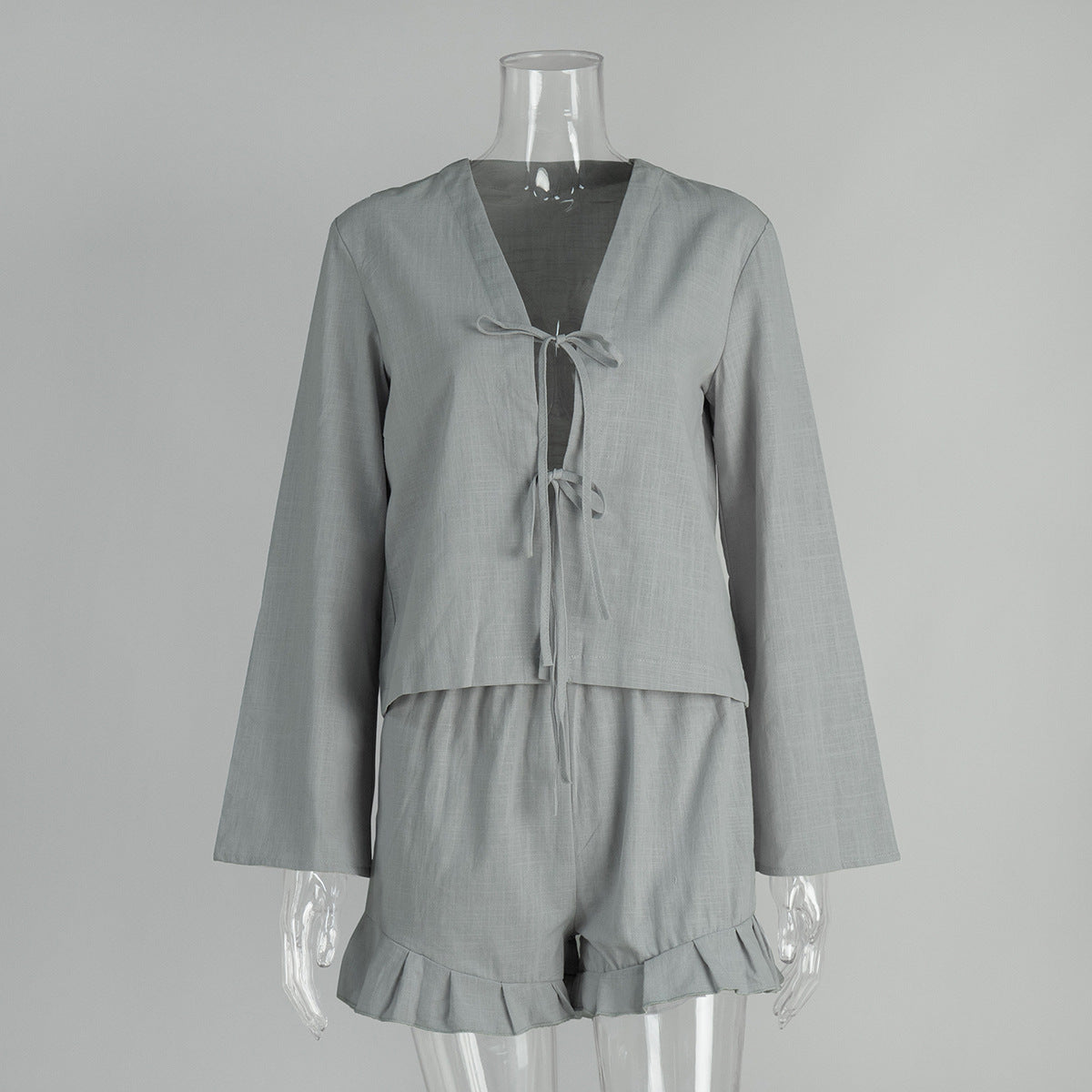 Tie Front Top And Ruffle Shorts Set - Grey