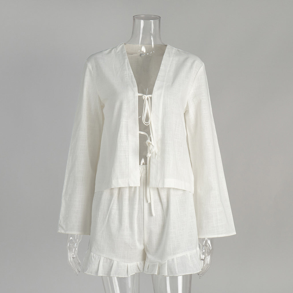 Tie Front Top And Ruffle Shorts Set - White