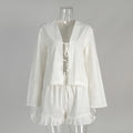 Tie Front Top And Ruffle Shorts Set - White