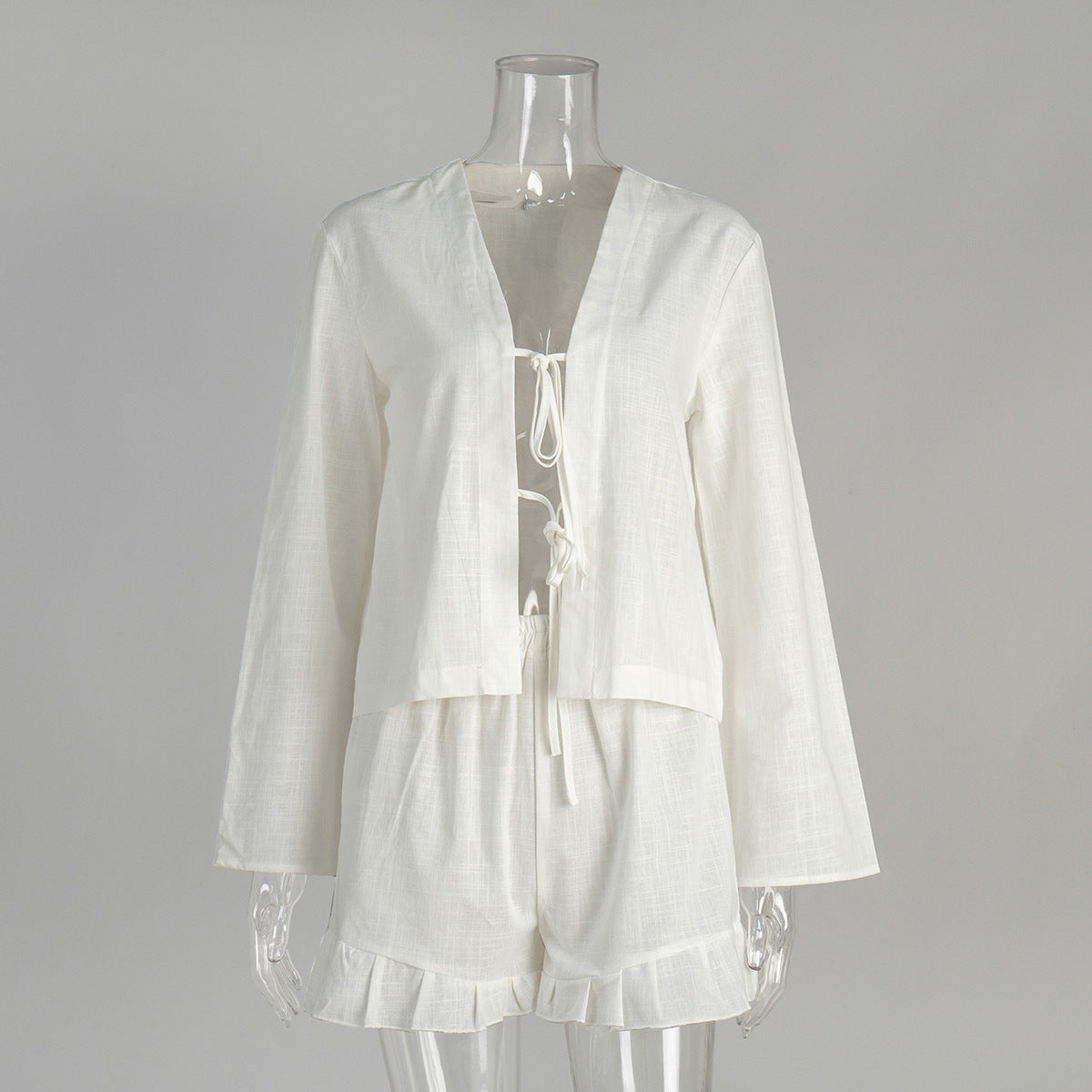Tie Front Top And Ruffle Shorts Set - White