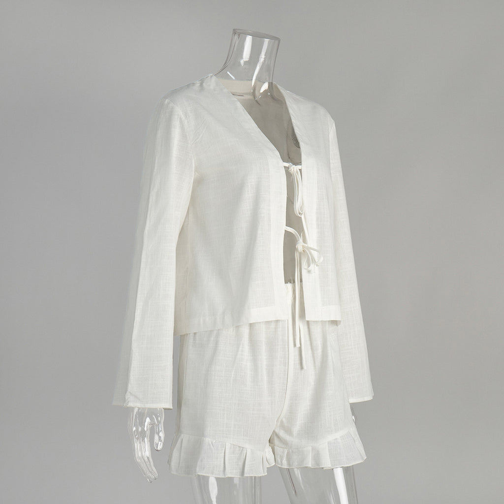 Tie Front Top And Ruffle Shorts Set - White - 1
