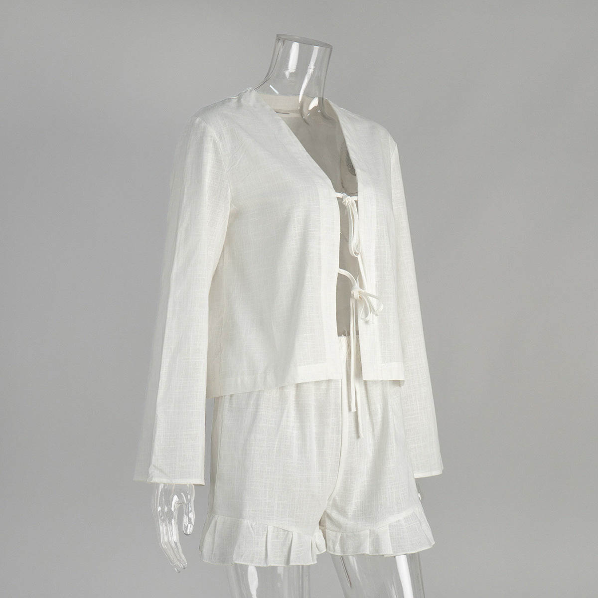 Tie Front Top And Ruffle Shorts Set - White - 1