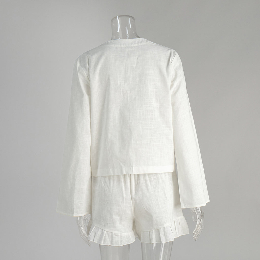 Tie Front Top And Ruffle Shorts Set - White - 2