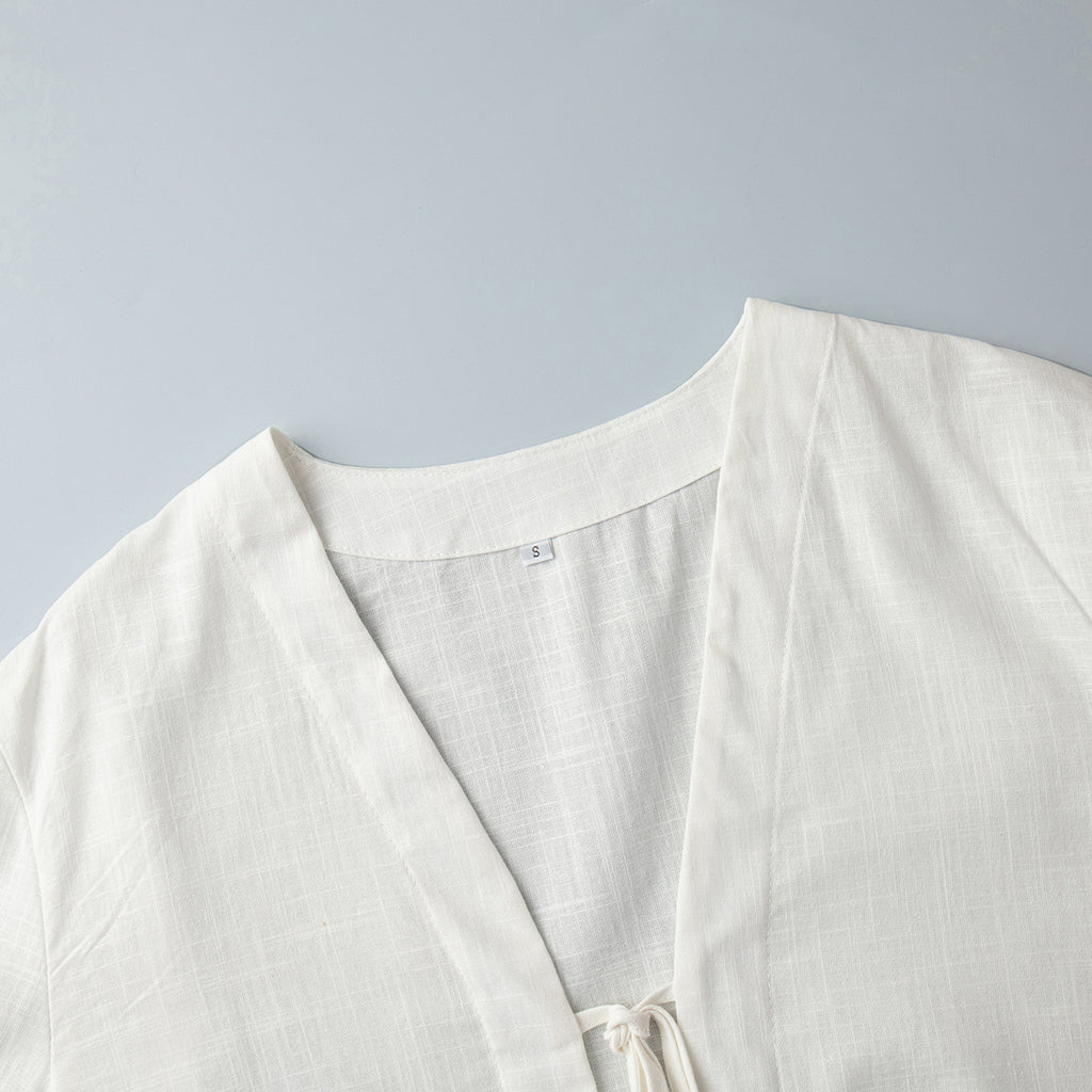 Tie Front Top And Ruffle Shorts Set - White - 4