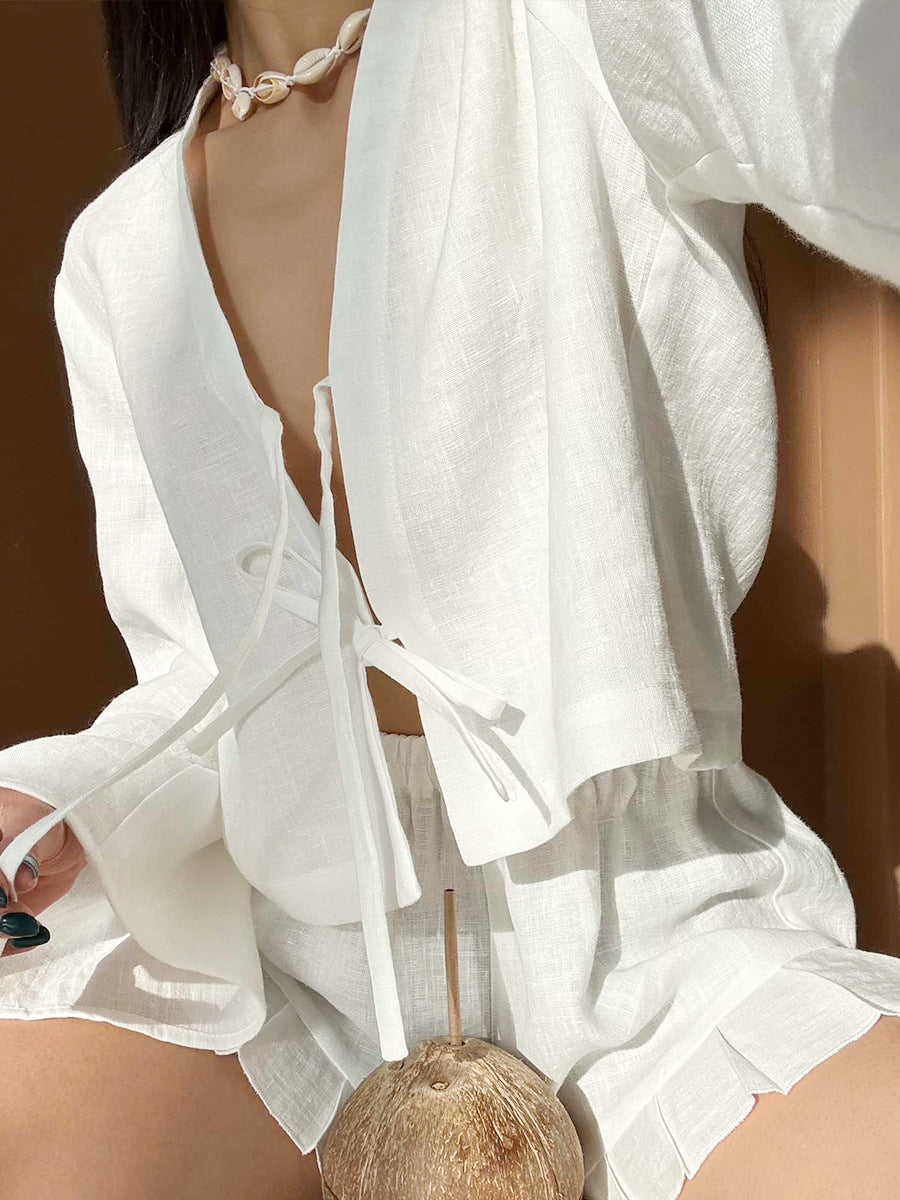 Tie Front Top And Ruffle Shorts Set - White - 7