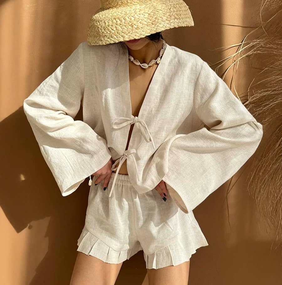 Tie Front Top And Ruffle Shorts Set