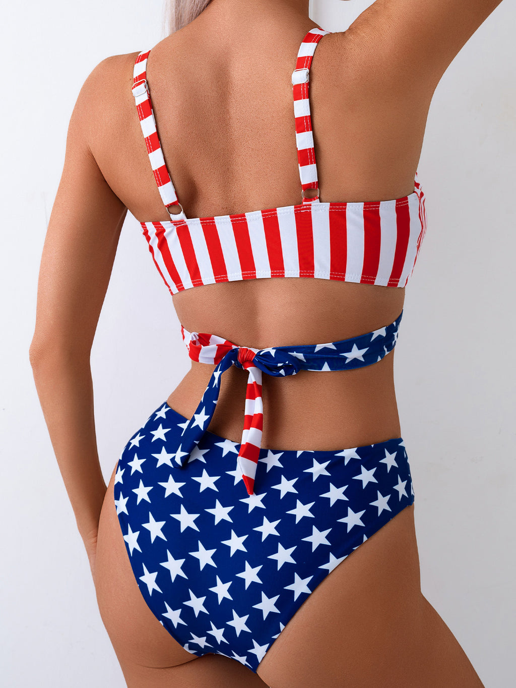 Wrap Front Flag Print High Waist Bikini Set - USA - 1
