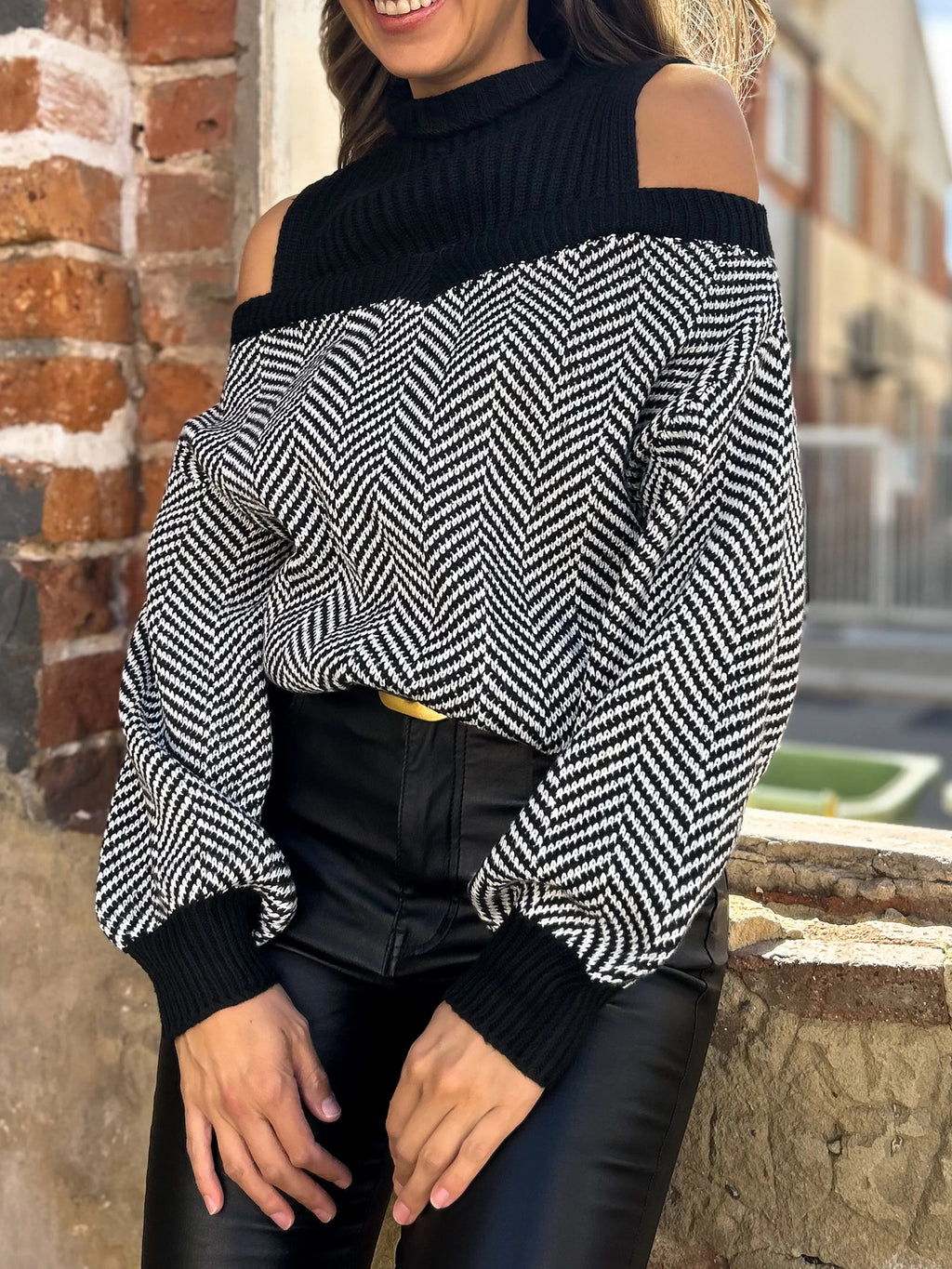 Herringbone Cold Shoulder Mock Neck Sweater - Black - 1
