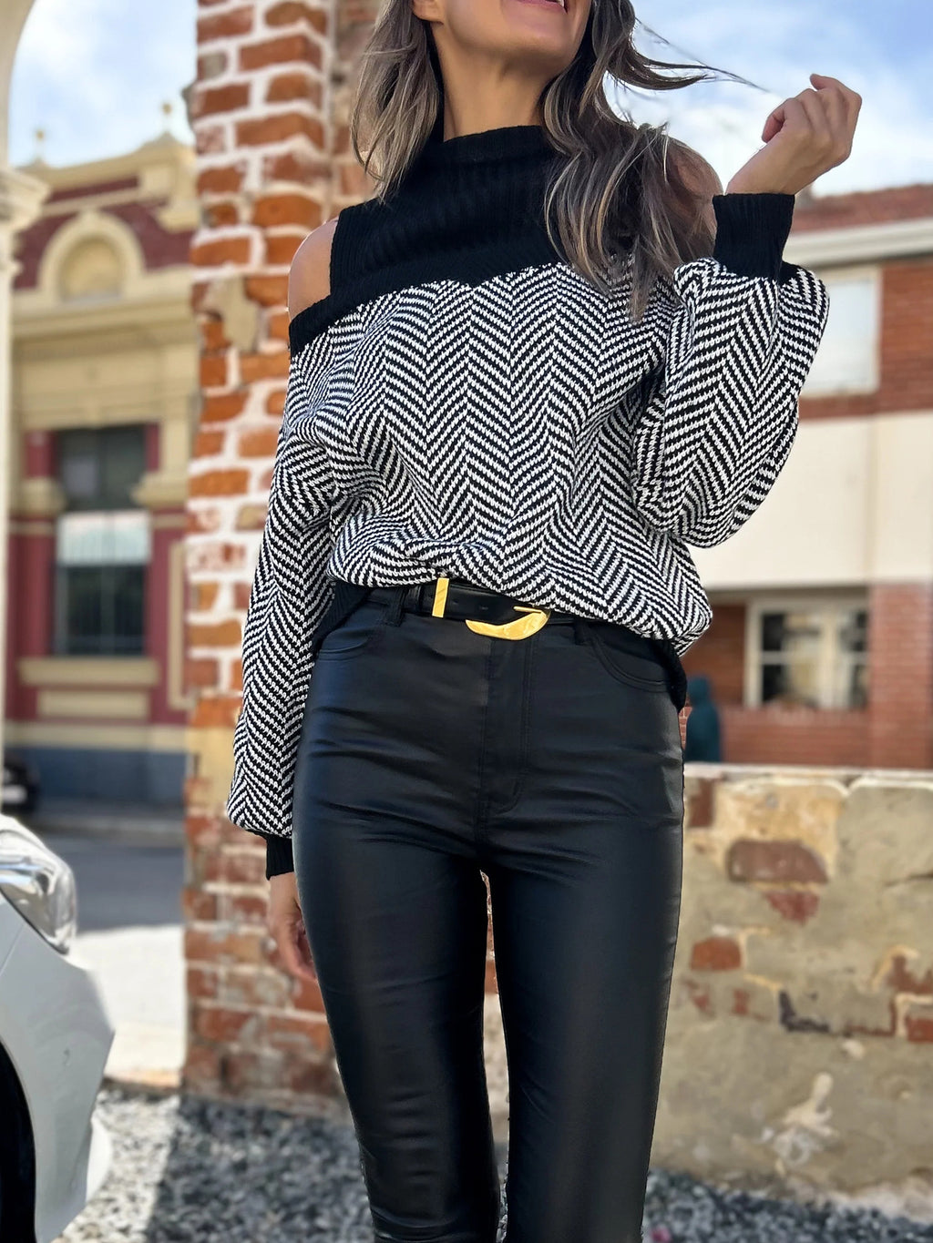 Herringbone Cold Shoulder Mock Neck Sweater - Black - 2