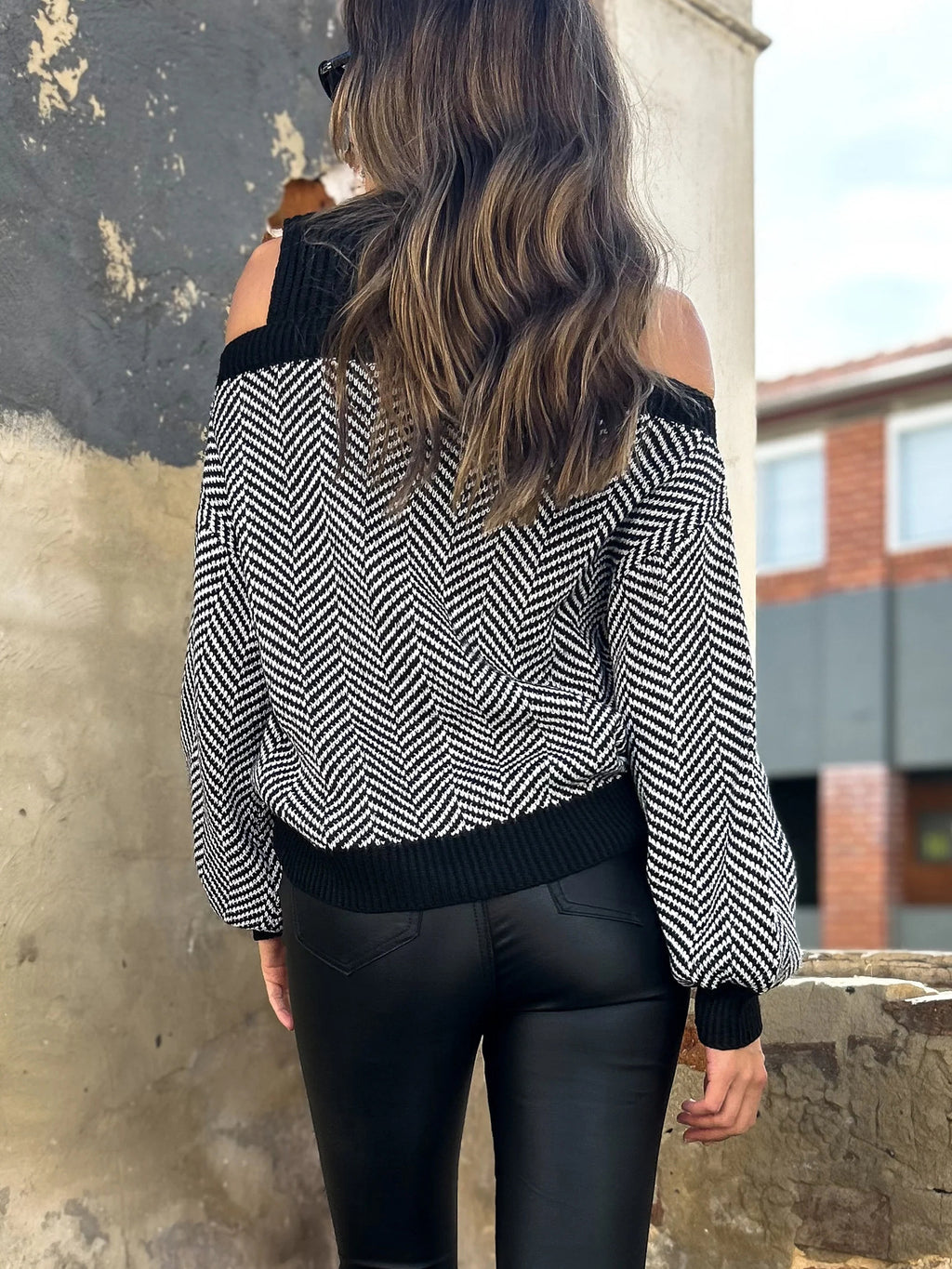 Herringbone Cold Shoulder Mock Neck Sweater - Black - 4
