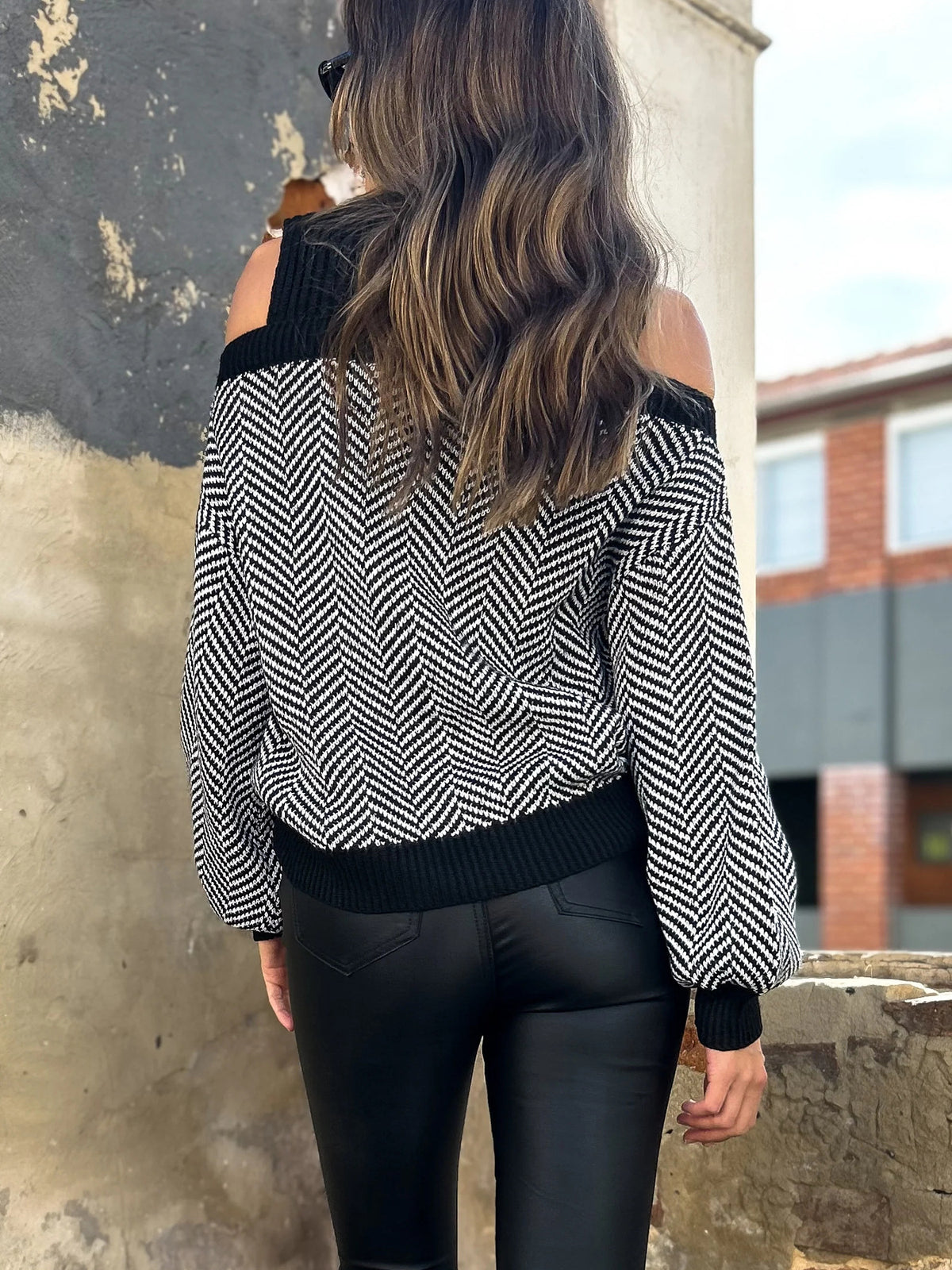 Herringbone Cold Shoulder Mock Neck Sweater - Black - 4