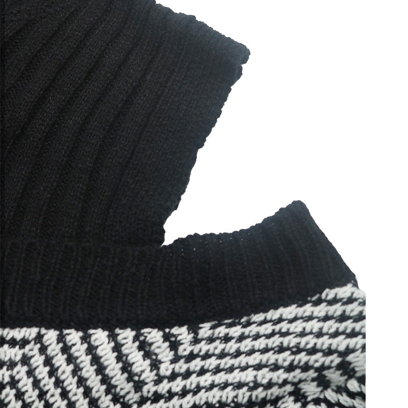 Herringbone Cold Shoulder Mock Neck Sweater - Black - 5