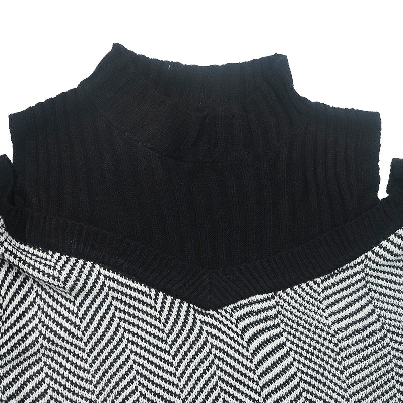Herringbone Cold Shoulder Mock Neck Sweater - Black - 8