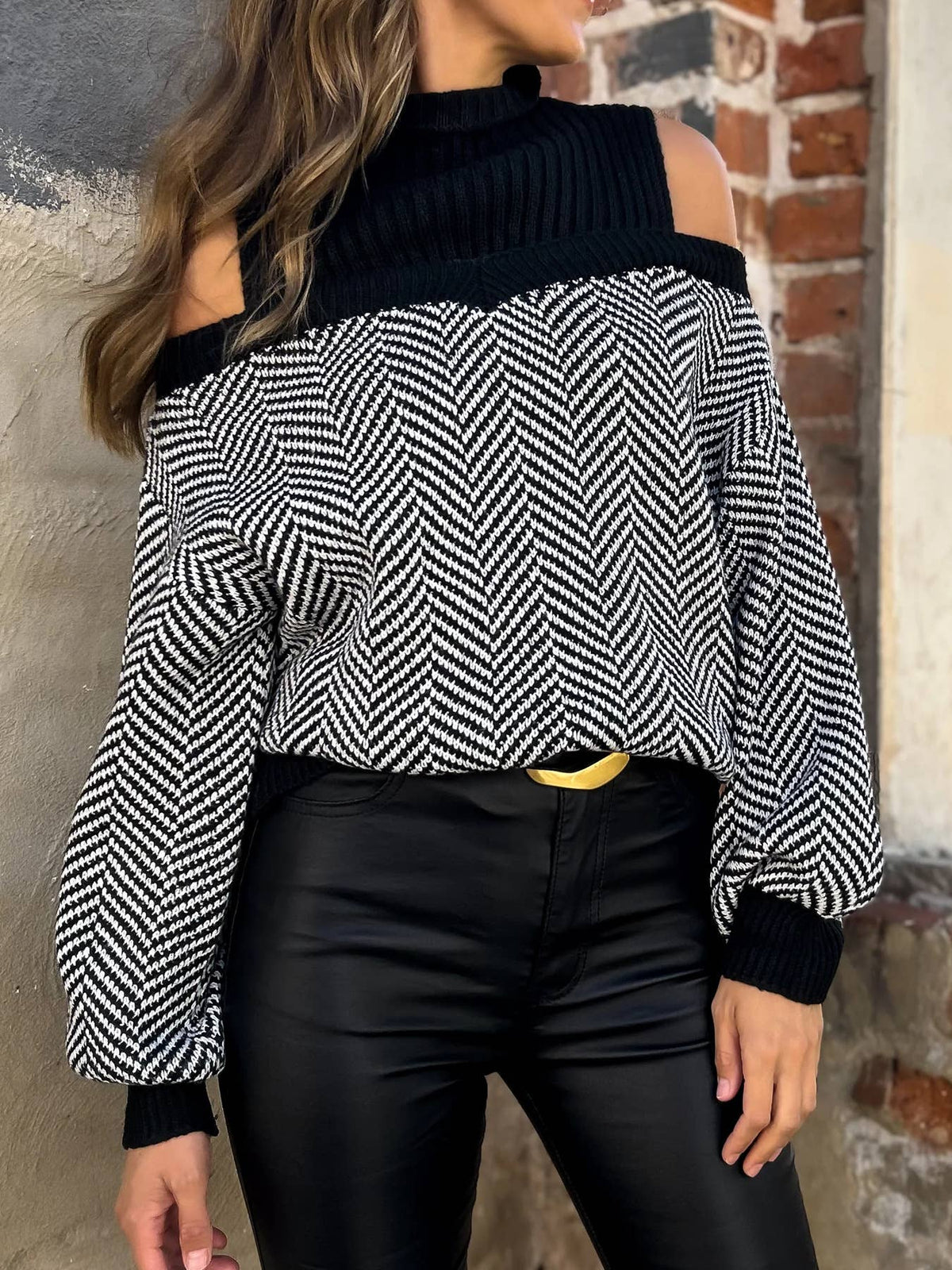 Herringbone Cold Shoulder Mock Neck Sweater