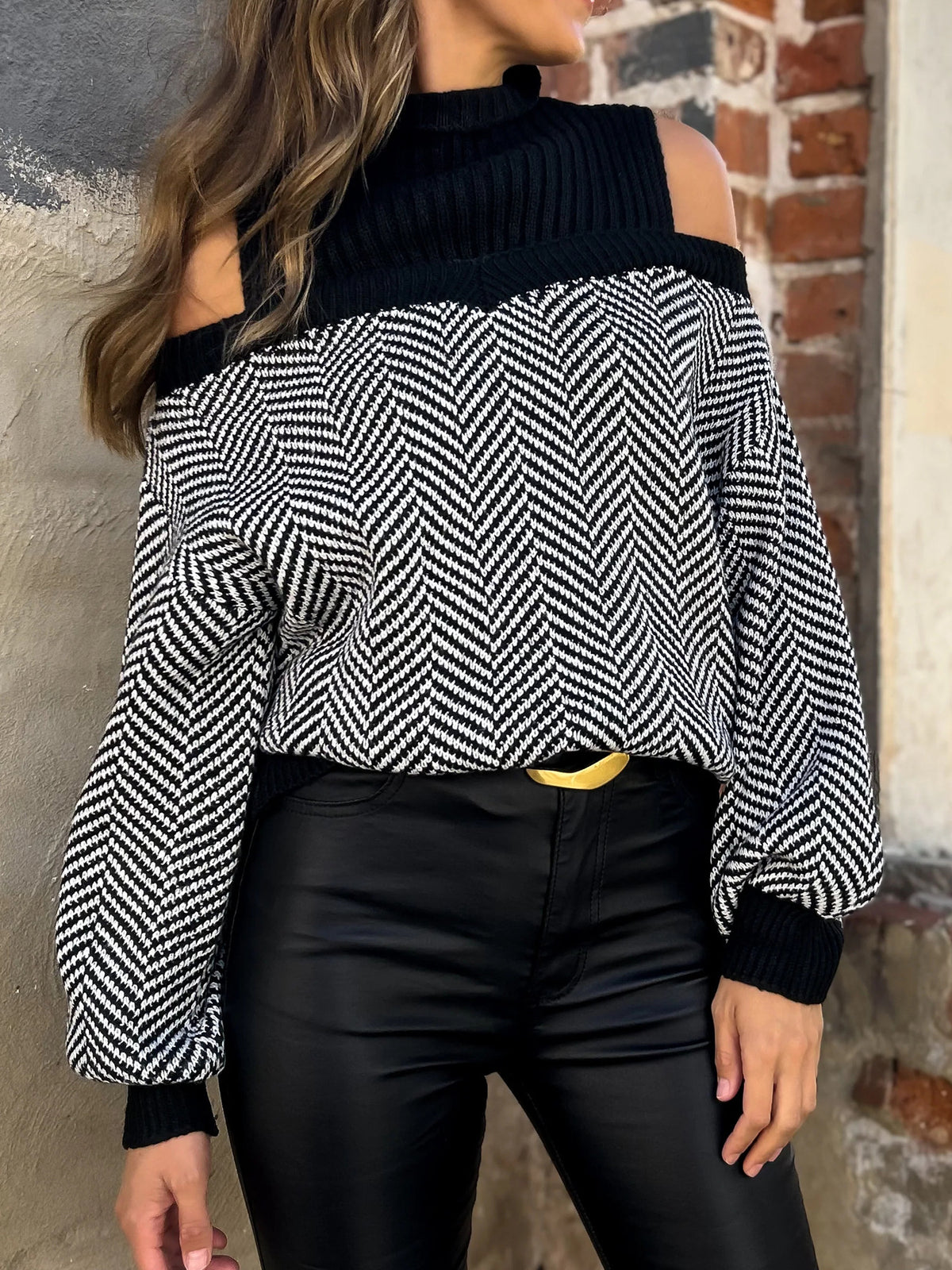 Herringbone Cold Shoulder Mock Neck Sweater - view 1