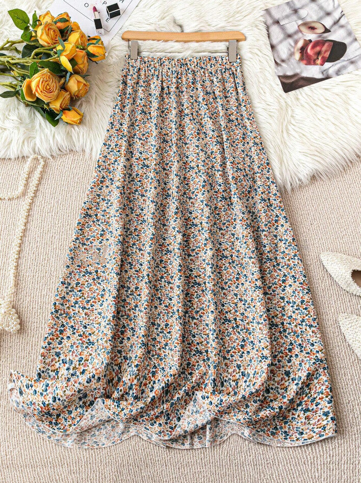 High Waist Ditsy Floral Maxi Skirt - Khaki