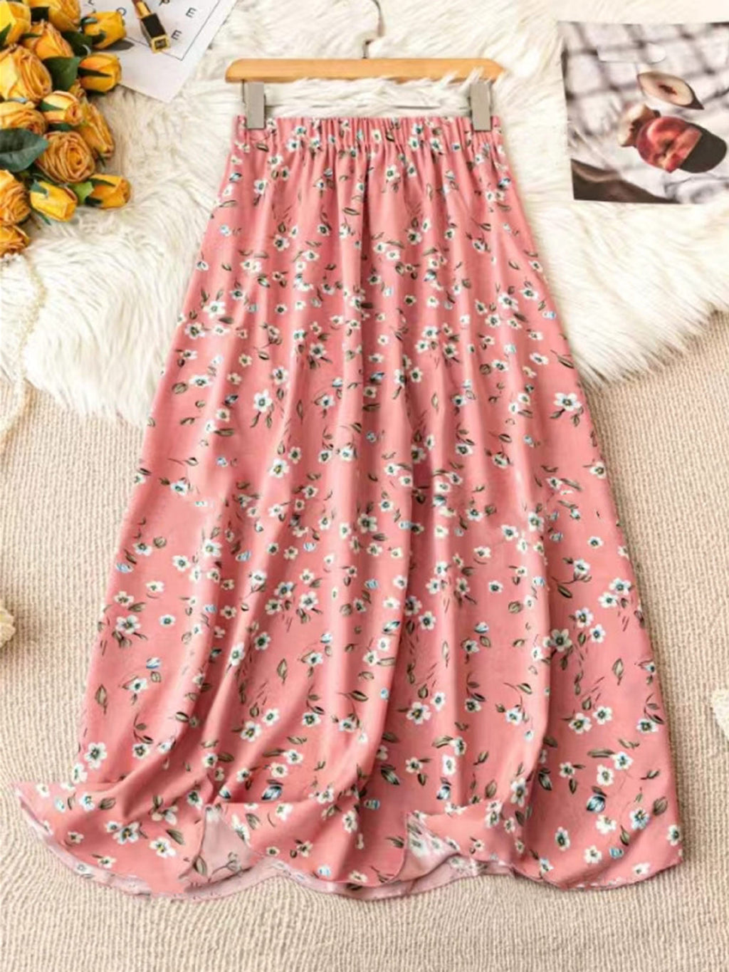 High Waist Ditsy Floral Maxi Skirt - Pink