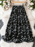 High Waist Ditsy Floral Maxi Skirt - black