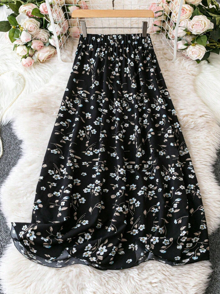 High Waist Ditsy Floral Maxi Skirt - black