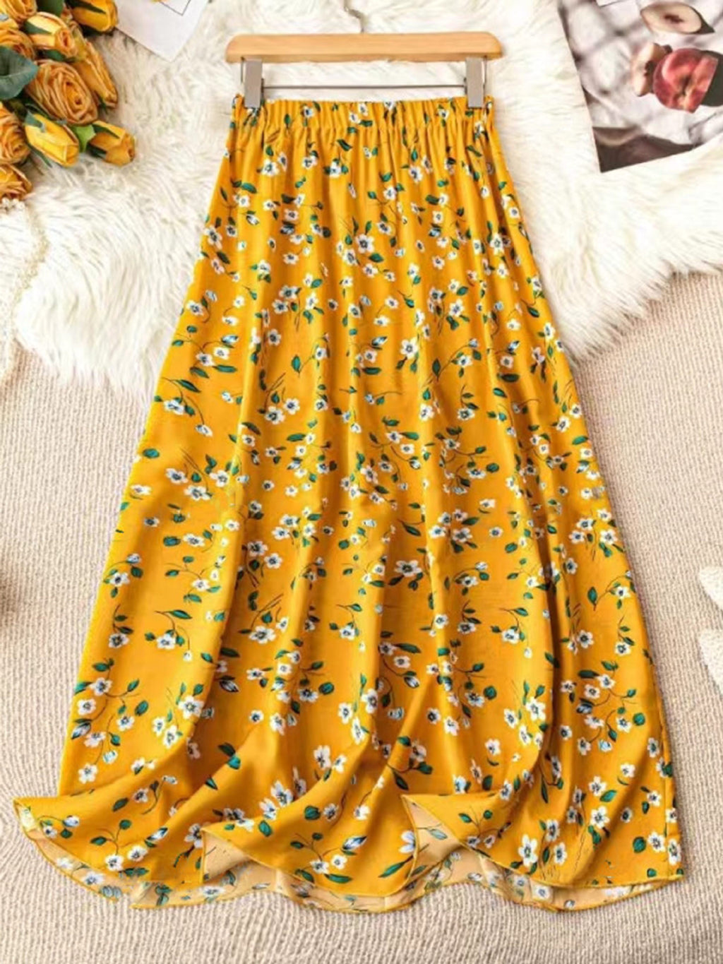 High Waist Ditsy Floral Maxi Skirt - yellow