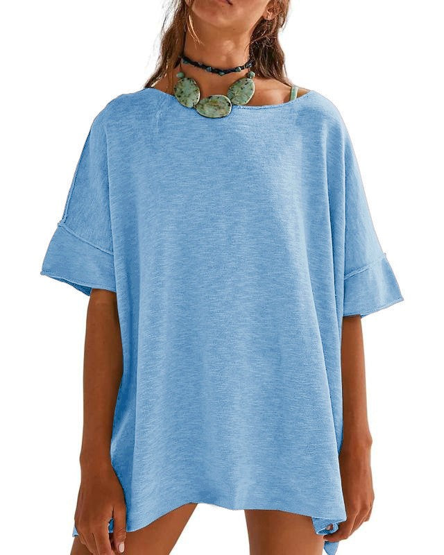 Oversized Drop Shoulder Boyfriend T-Shirt - Light-Blue