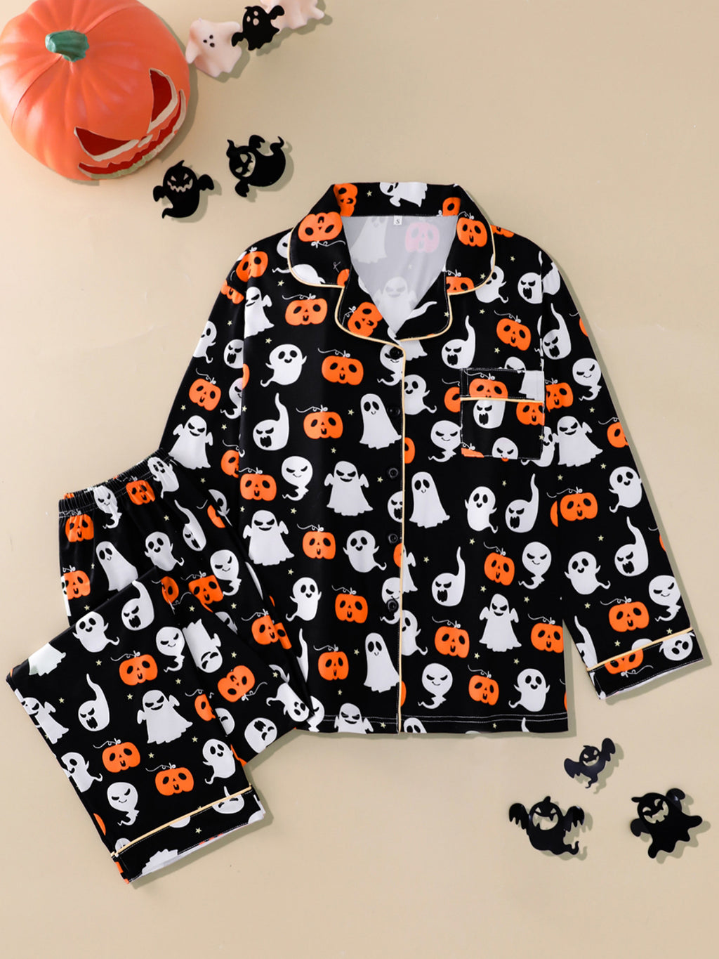 Spooky Pumpkin Print Long Sleeve Pajama Set - Black