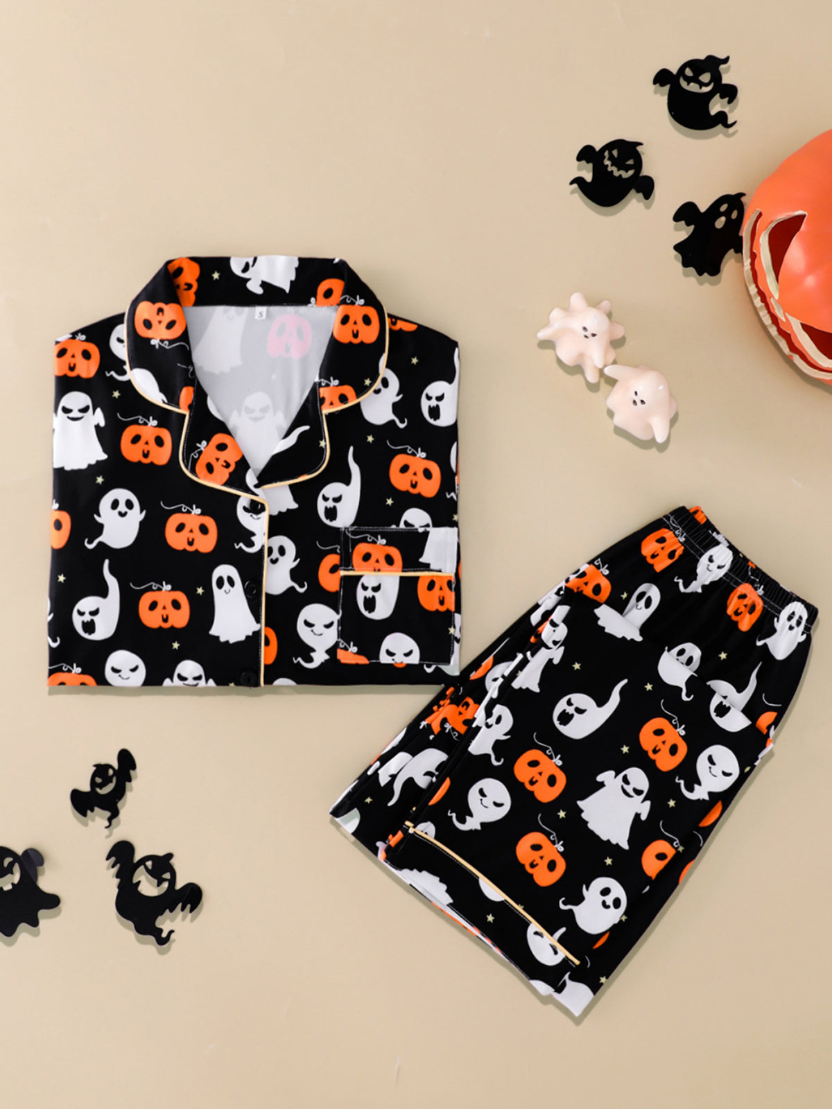 Spooky Pumpkin Print Long Sleeve Pajama Set - Black - 2