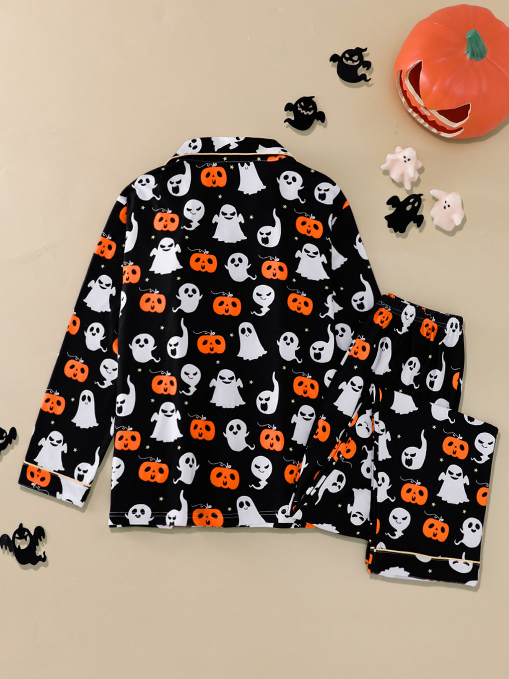 Spooky Pumpkin Print Long Sleeve Pajama Set - Black - 3