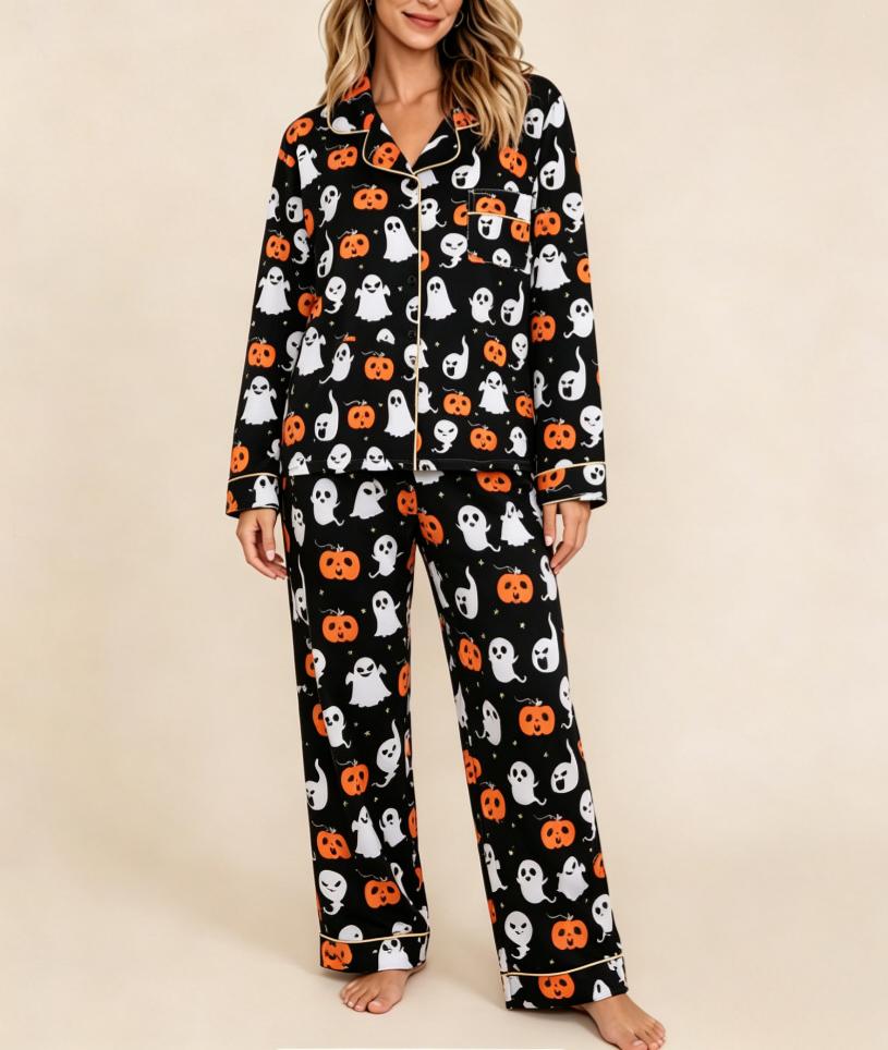 Spooky Pumpkin Print Long Sleeve Pajama Set - Black - 4