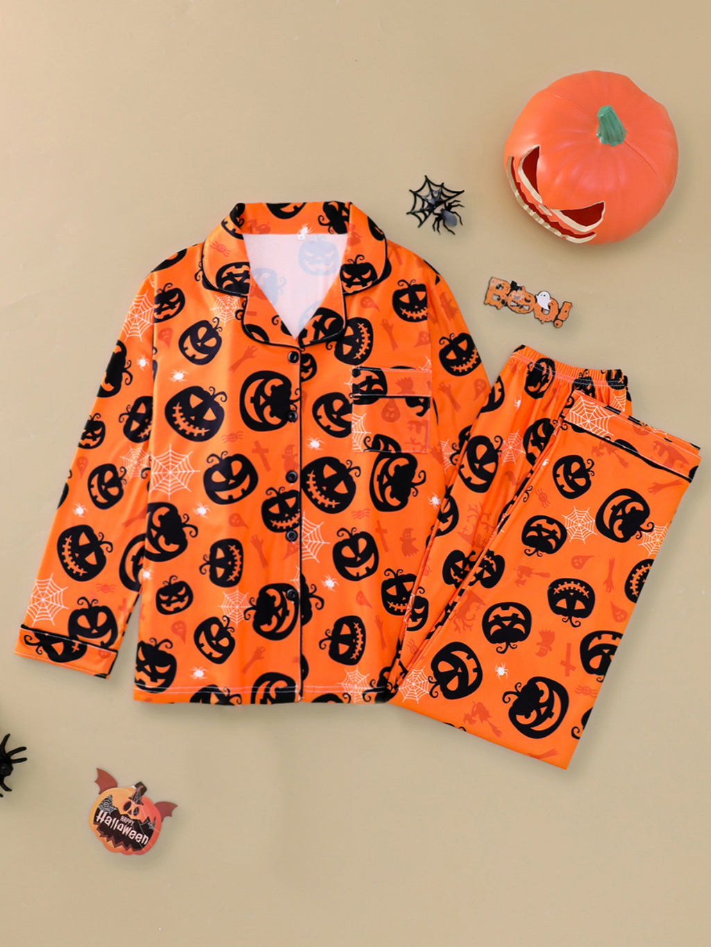 Spooky Pumpkin Print Long Sleeve Pajama Set - Orange