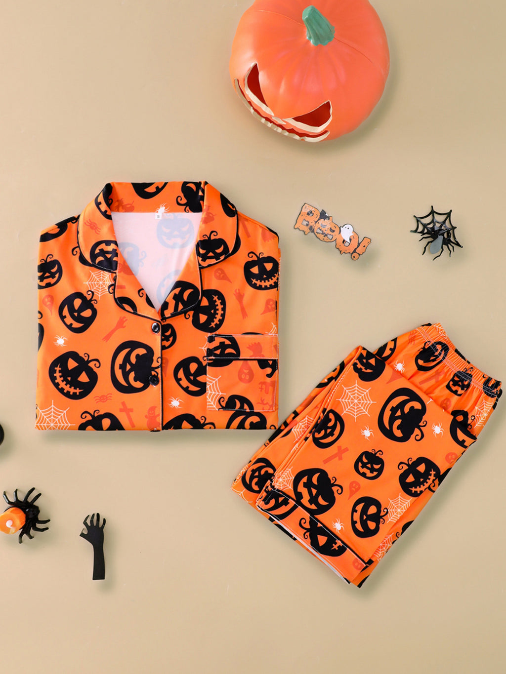 Spooky Pumpkin Print Long Sleeve Pajama Set - Orange - 1