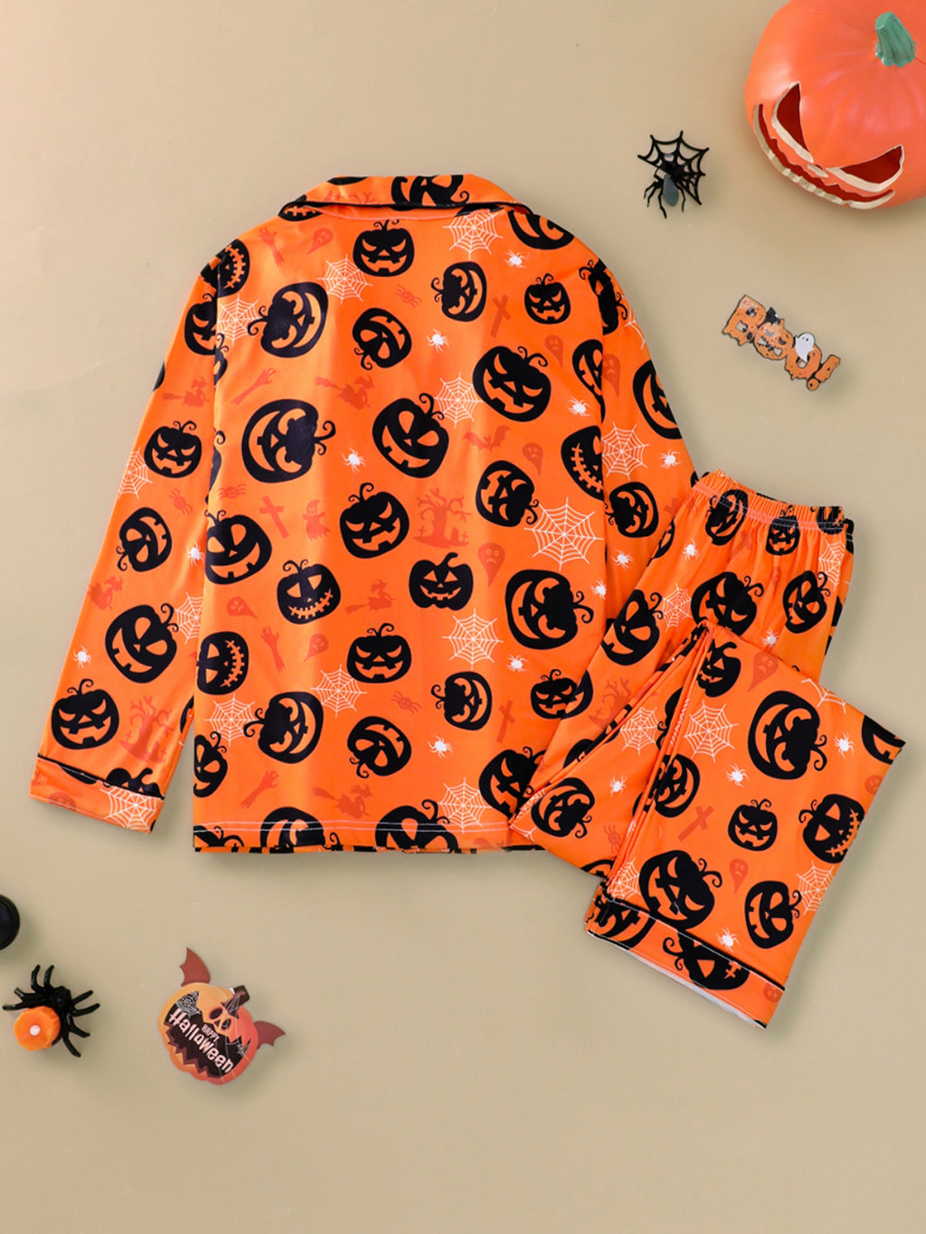Spooky Pumpkin Print Long Sleeve Pajama Set - Orange - 3