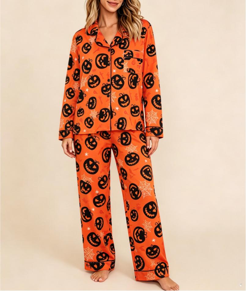 Spooky Pumpkin Print Long Sleeve Pajama Set - Orange - 4