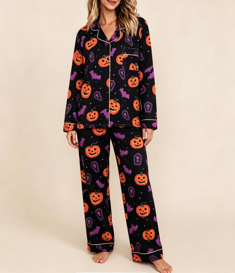 Spooky Pumpkin Print Long Sleeve Pajama Set - PBlack