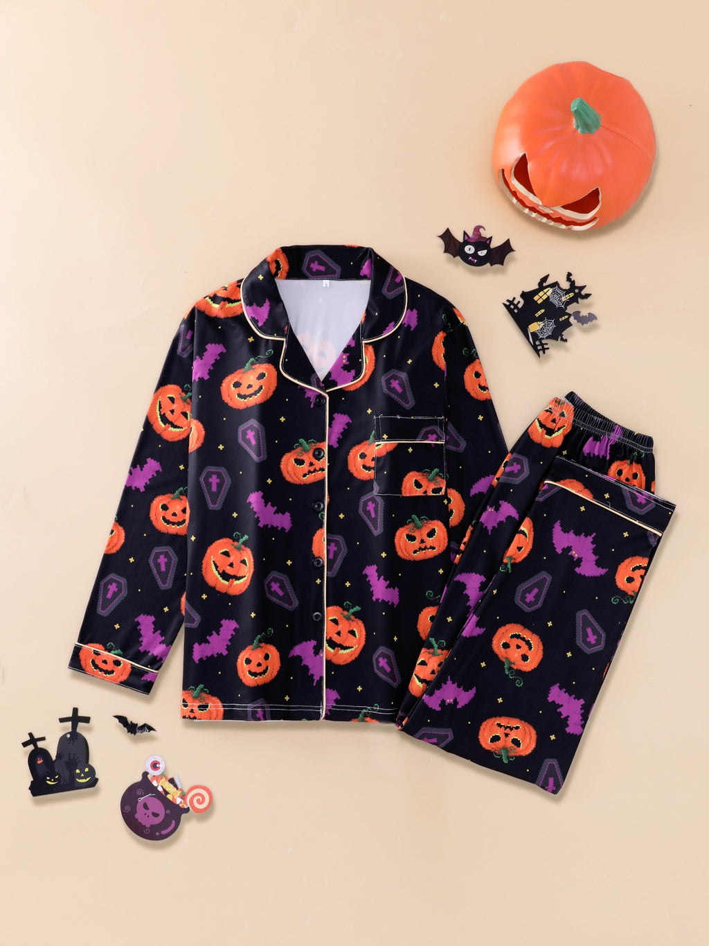 Spooky Pumpkin Print Long Sleeve Pajama Set - PBlack - 1