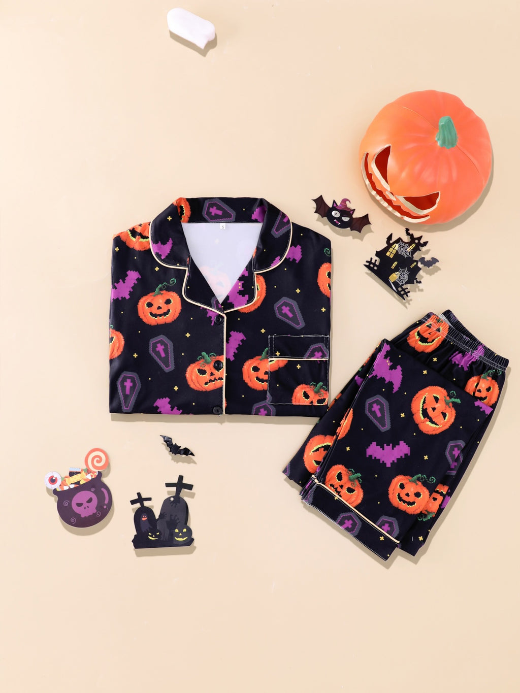Spooky Pumpkin Print Long Sleeve Pajama Set - PBlack - 3