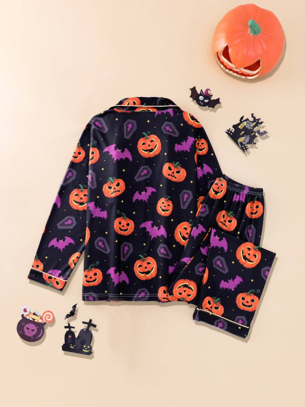 Spooky Pumpkin Print Long Sleeve Pajama Set - PBlack - 4