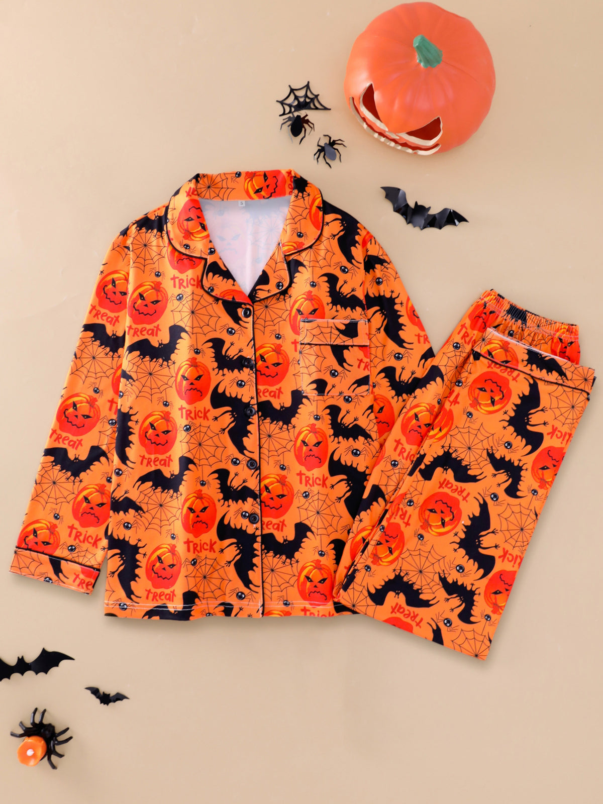 Spooky Pumpkin Print Long Sleeve Pajama Set - POrange