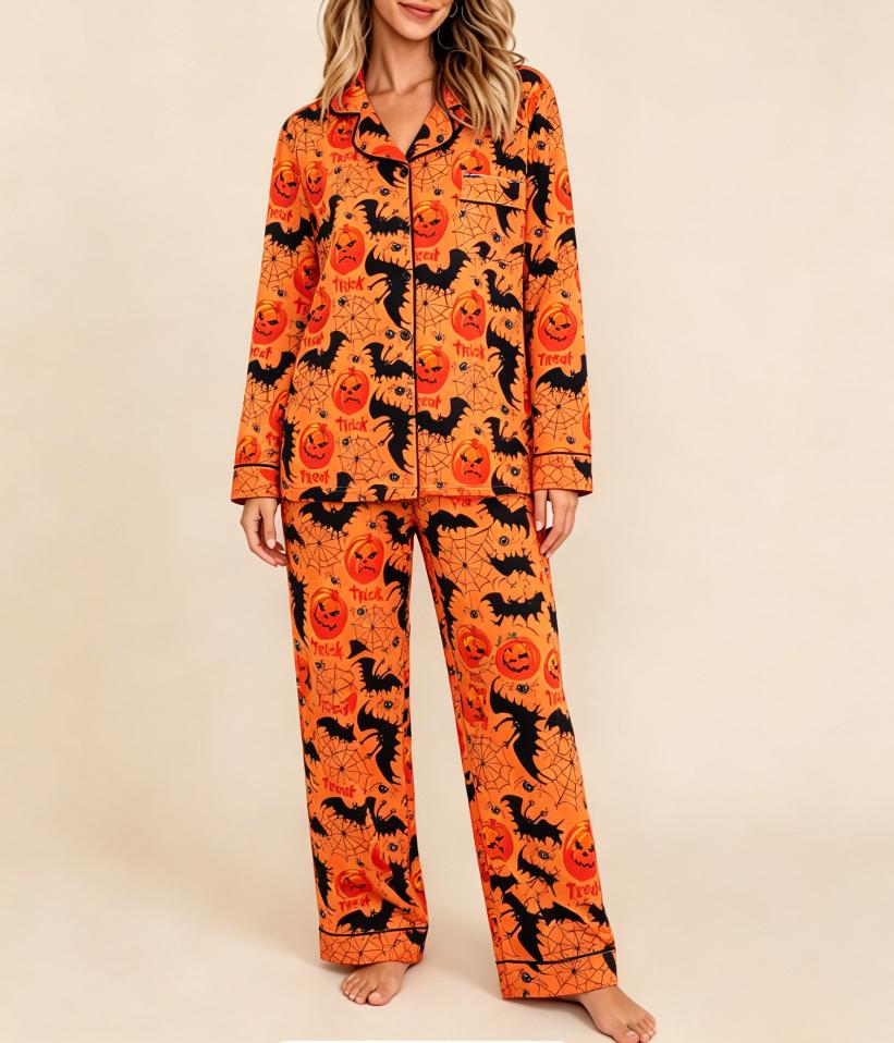 Spooky Pumpkin Print Long Sleeve Pajama Set - POrange - 1