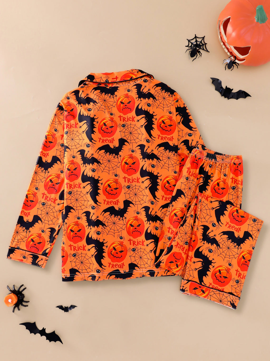 Spooky Pumpkin Print Long Sleeve Pajama Set - POrange - 3